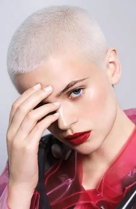 a silver blonde buzz cut with longer hair is a lovely idea, it makes a statement both with color and haircut