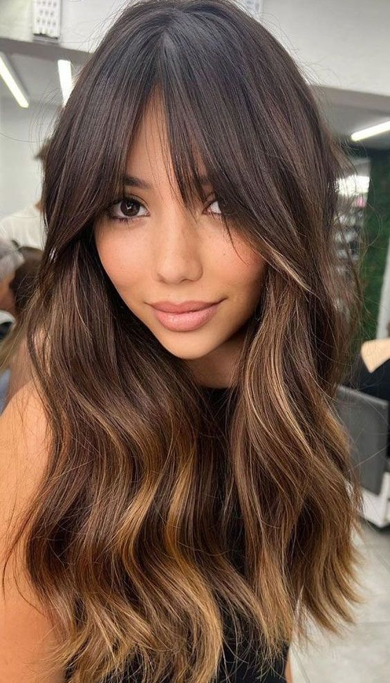 long dark brunette hair with caramel highlights and bottleneck bangs is a chic and cool idea to rock