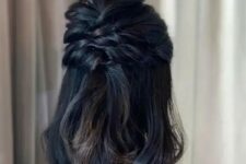 10 a half updo with twisted halos and a bump on top and some waves down is a cool idea for medium length hair