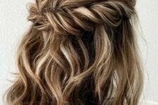 11 a lovely and pretty wavy half updo with a bump on top ,a twisted looped halo and waves down is a cool idea for medium length hair