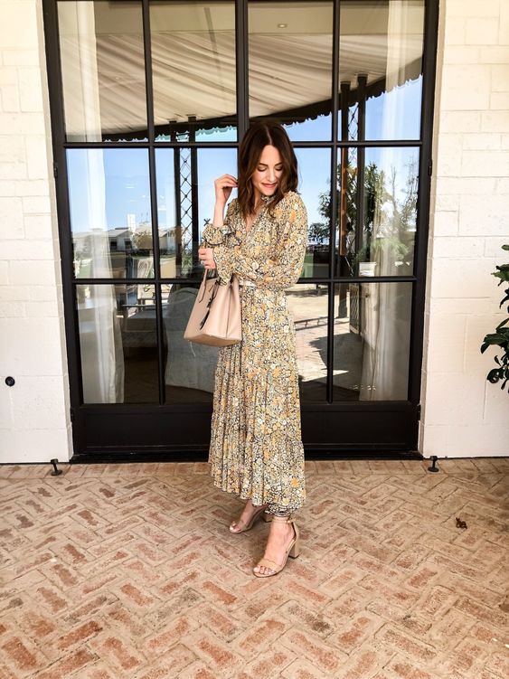 a delicate fall wedding guest dress with a floral print, nude shoes, a nude bag for a subtle and chic look