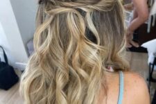 28 a beautiful and romantic half updo with a twisted elements and waves down is a cool idea for many styles