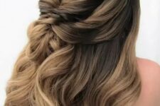 31 a beautiful dimensional wedding half updo with a bump on top and some waves down is a cool idea for a girl with long hair