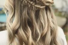 38 a boho half updo with a double fishtail braid halo and waves down is a dreamy and beautiful idea