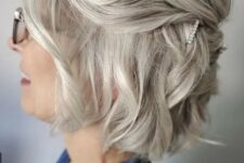 47 a simple and elegant half updo with rhinestone hairpins and waves is a cool idea for short and medium hair, it’s stylish and effortless