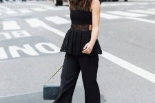 48 a black top with a pleated touch, black cropped pants, black shoes and a small bag will fit any formal wedding