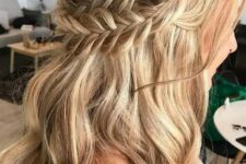 48 a classy boho half updo with a double braided halo and waves down plus a bump requires no accessories as it’s gorgeous itself