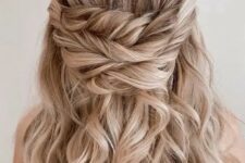 53 a gorgeous wavy and textured triple twisted wedding half updo is amazing for weddings, it’s perfect for long hair