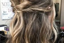57 a long and wavy double twisted half updo with a bump on top and pretty balayage is a cool idea for a wedding, it looks chic and lovely