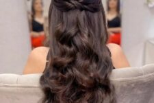 61 a lovely dark brunette half updo with a sleek top, twists and waves down is a cool idea for a wedding