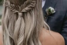 78 a wavy half updo with braids and a tiny embellished hairpiece is a very dreamy and chic idea