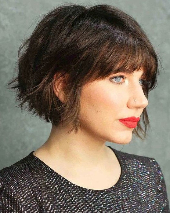 a black jaw length bob with a shaggy texture and a classic fringe is a stylish idea that looks effortless and cool
