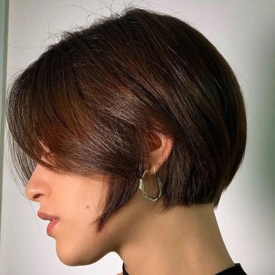 a brunette ear length bob with side bangs is a lovely idea, it looks elegant and very refined