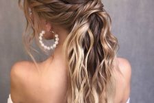 a chic and lovely half updo with a braided and wavy top and twists wrapping the head, waves down is a cool solution