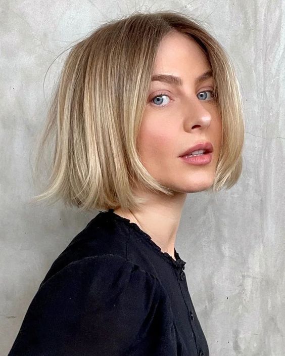 a chin-length blonde bob with a darker root is an elegant solution, it looks fresh and doesn't require maintenance