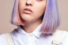 a gorgeous long pastel bob done in blush and lilac, with a classic fringe is a fresh take on classics