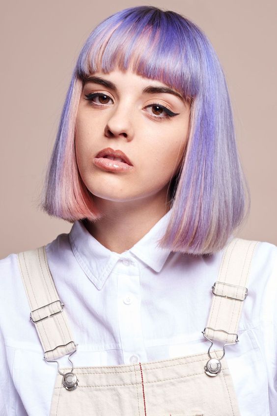a gorgeous long pastel bob done in blush and lilac, with a classic fringe is a fresh take on classics