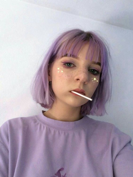 a lilac midi bob with wispy bangs and a bit of texture is a catchy and lovely idea with a soft touch of color