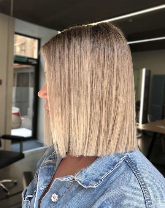 a lovely and natural-looking long blunt bob with a darker root and straight hair is a modern idea