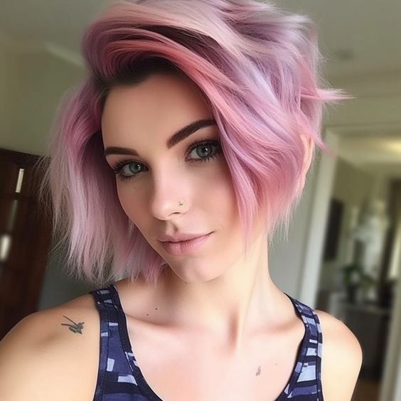 A pink ear length bob with a bit of lilac touches, a lot of volume and waves looks spectacular