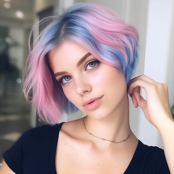 A pretty jaw length bob with pastel blue and pink shades and a volume plus waves