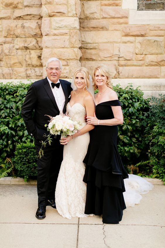 a black off the shoulder maxi dress with a ruffle skirt is a veyr elegant option for a formal mother of the bride look