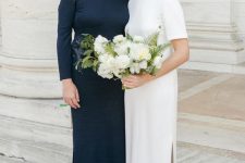 55 a plain navy maxi dress with high neckline and long sleeves is a super chic and cool idea for the mother of the bride