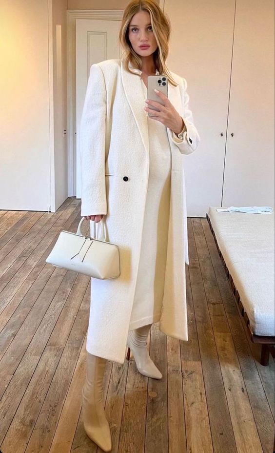 a chic bridal shower look with a creamy midi dress, a creamy coat, tan boots and a small creamy bag for winter