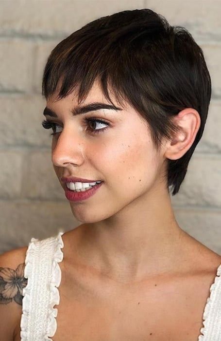 a long black pixie cut with wispy bangs and straight hair looks cool and chic, it's a fresh and catchy idea