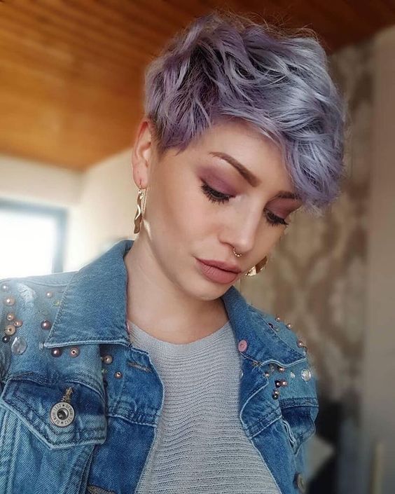 a lovely lilac to blue long wavy pixie is a flattering and delicate solution, with a soft touch of color