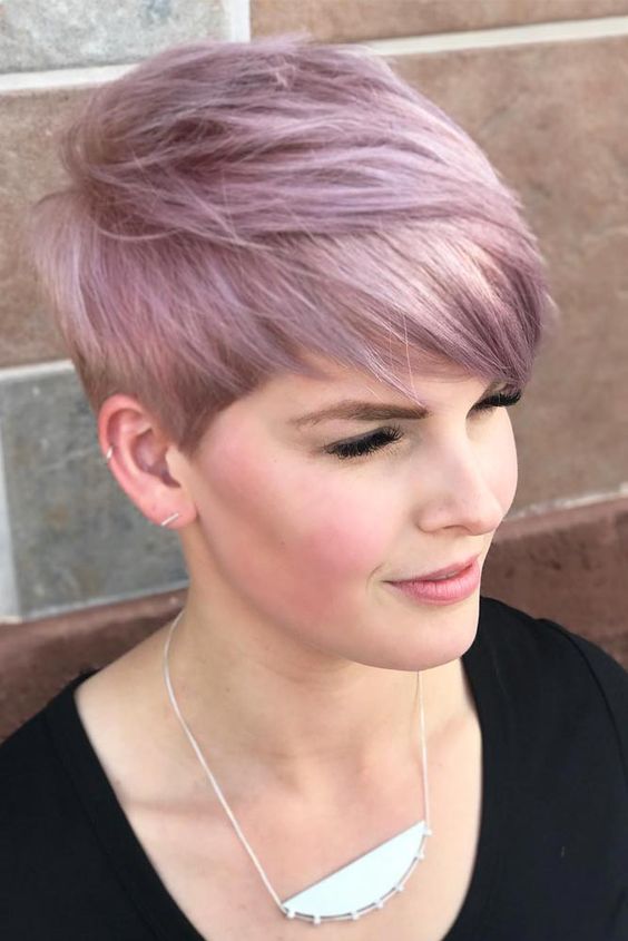 a lovely long pixie with a lilac to blush shade and long fringe is a cool idea, the hairstyle looks soft and delicate