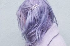 a pastel purple messy and wavy long bob with side bangs is a fresh idea to rock, it looks amazing