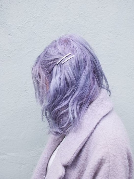 a pastel purple messy and wavy long bob with side bangs is a fresh idea to rock, it looks amazing