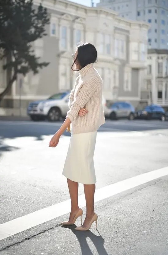 a winter bridal shower outfit with a chunky knit sweater, a midi skirt, nude shoes is simple and cool