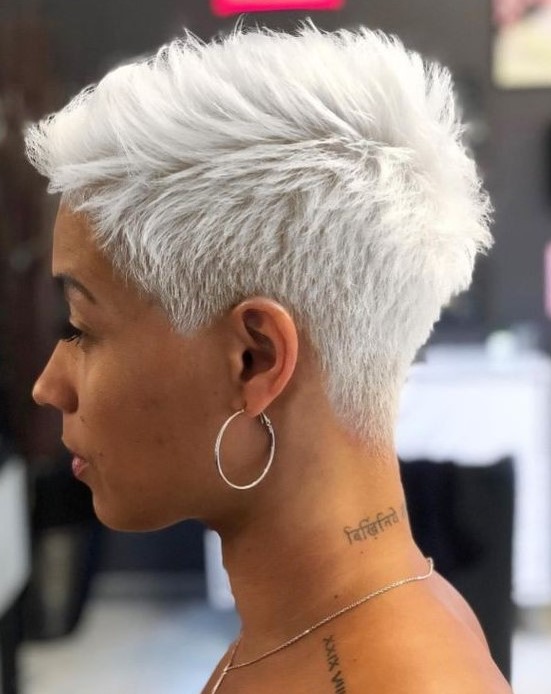 an icy blonde short pixie is a great solution with both the length and the color