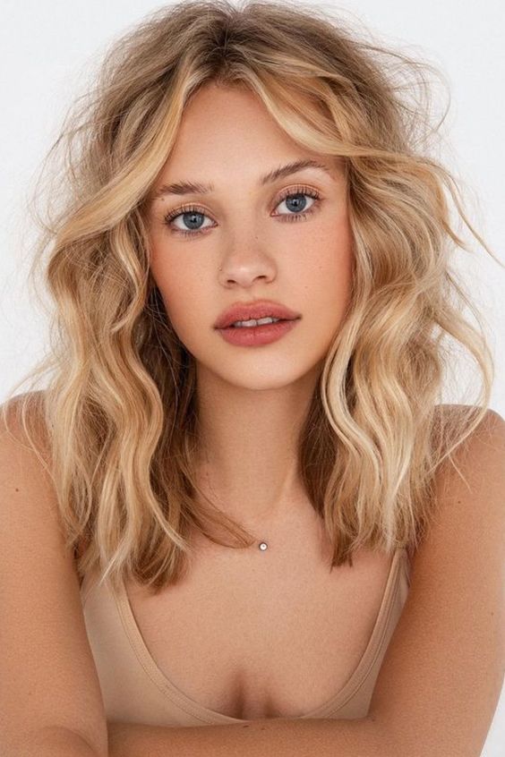gorgeous shoulder-length blonde messy hair with darker and brighter shades, with waves and volume is amazing