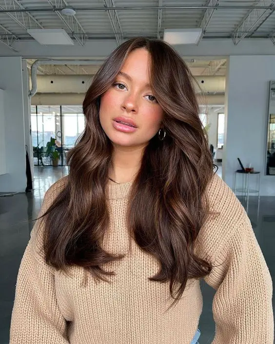 Long chocolate brown hair with a lot of volume and waves, face framing layers is a chic and cool idea to try