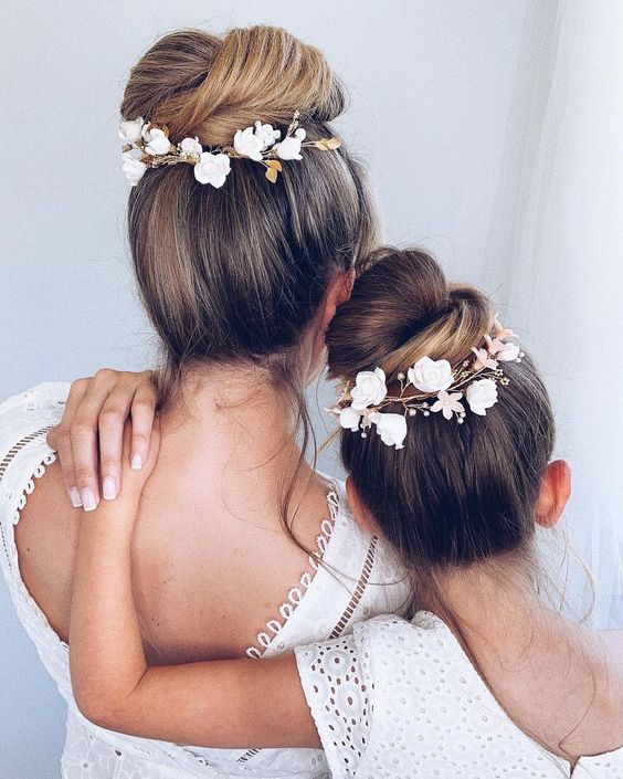 lovely top knots with flower hair vines are great for flower girls of all ages, for bridesmaids and brides