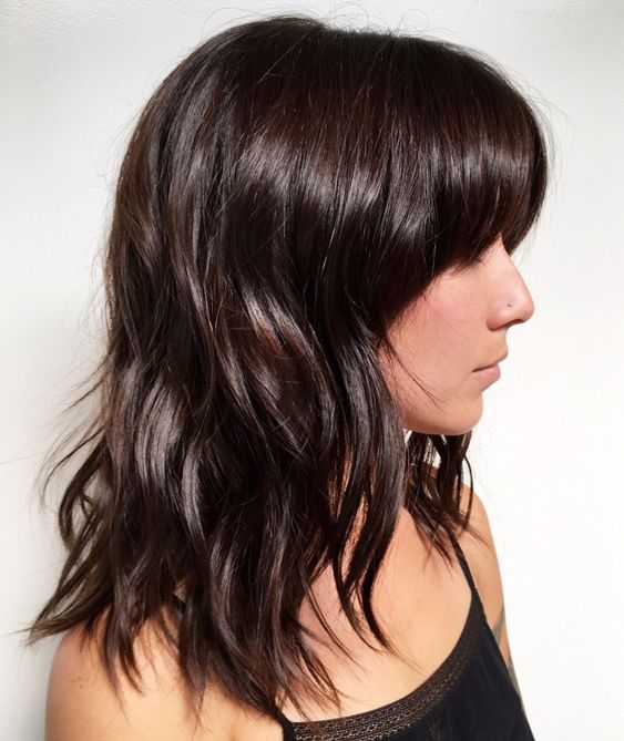 Medium length chocolate brown hair with waves down and some bangs is a catchy idea, add a shiny touch to the look