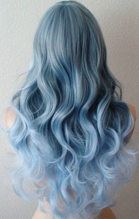 pastel blue hair with a soft ombre effect and waves is a beautiful idea that will catch an eye