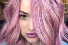 pink shoulder-length hair with messy waves and shaggy layers is a lovely idea, and it will make you stand out