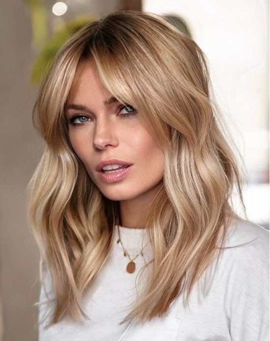 a beautiful medium-length hairstyle with waves, a darker root and soft wavy curtain bangs that accent the face