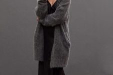 a black slip midi dress, black heels, a grey oversized cardigan for a comfy and very feminine fall outfit