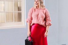 a bright and cute look with a pink oversized jumper, a hot pink slip midi, pink shoes and an elegant small bag