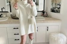 a casual bridal shower look with a mini sweater dress, knee cowboy boots, a beaded bag is lovely