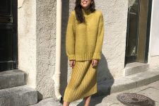 a chic and lovely gold look with an oversized jumper, a pleated midi skirt, floral shoes for a cozy and chic look