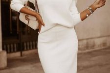 a creamy knit co-ord, layered necklaces and a mini bag are a great combo for a fall or winter bridal shower
