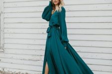 a fantastic green maxi dress with long sleeves and a slit plus nude shoes is adorable for winter