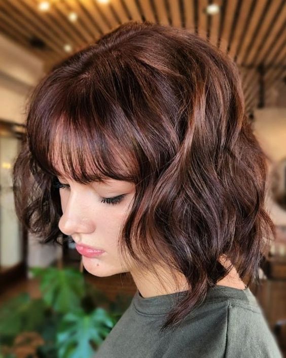 a midi wavy chestnut brown bob with bangs is a stylish and catchy idea to rock, it looks amazing