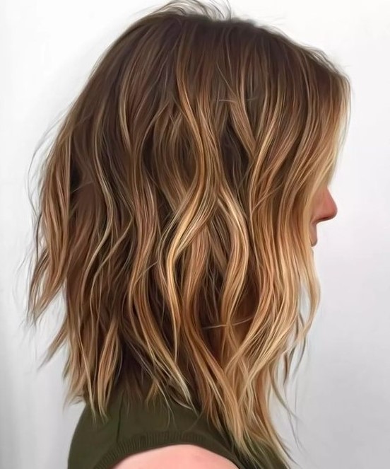 a shaggy long bob haircut with warm blonde balayage and waves looks beautiful and very natural